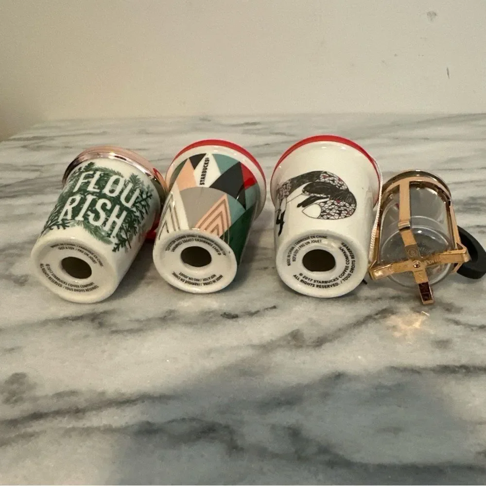 Starbucks Holiday Themed Mini Coffee Cup Ornaments Set of 4 Fox,Geometric, 2017